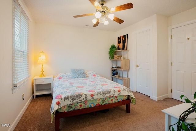 bedroom with carpet floors, multiple windows, and baseboards