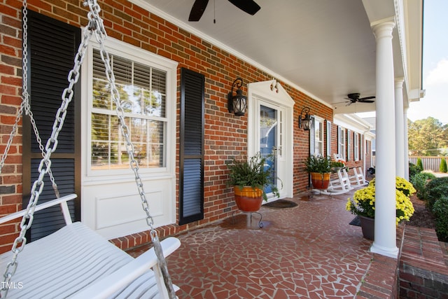 view of patio with a porch and a ceiling fan