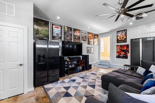 living room with baseboards, visible vents, a ceiling fan, and recessed lighting