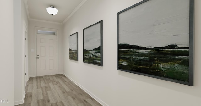 hallway featuring ornamental molding and light wood-type flooring