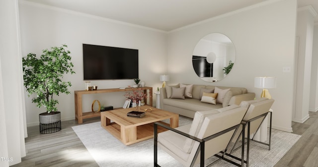 living room featuring crown molding and light hardwood / wood-style floors