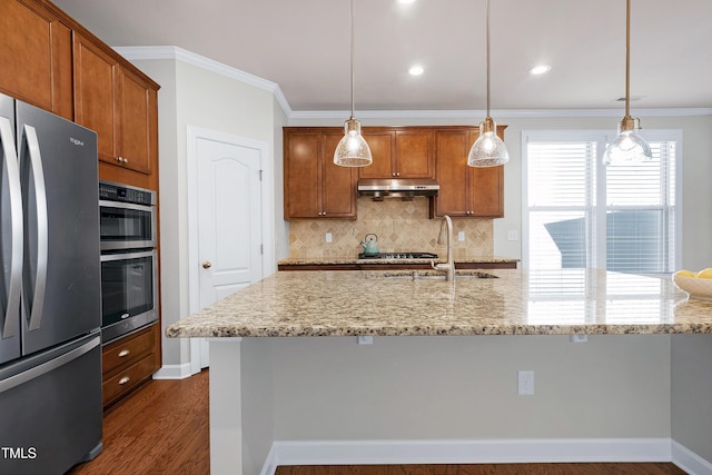 kitchen featuring stainless steel appliances, light stone countertops, pendant lighting, dark hardwood / wood-style flooring, and sink