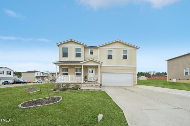 view of front of house featuring a front lawn, a porch, and a garage