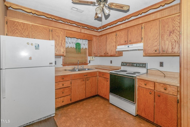 811 Queens St NW, Lenoir, NC 28645 - kitchen featuring white appliances, under cabinet range hood, light floors, a ceiling fan, and light countertops