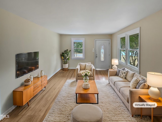 living room with baseboards and light wood-style floors