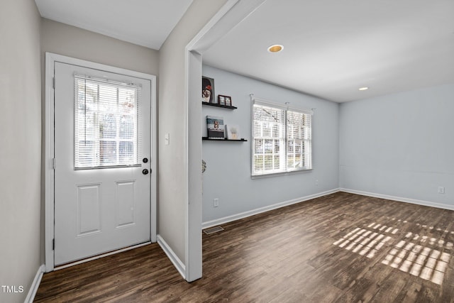 entryway featuring a wealth of natural light, baseboards, and wood finished floors