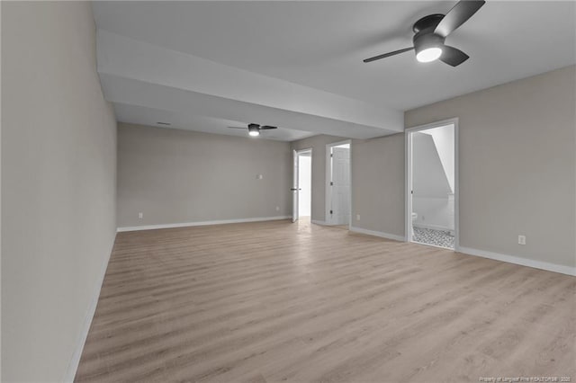 empty room with ceiling fan and light hardwood / wood-style flooring