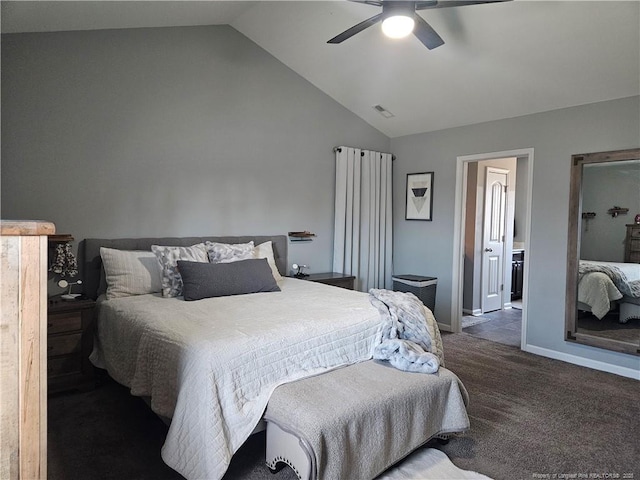 carpeted bedroom featuring ceiling fan and vaulted ceiling