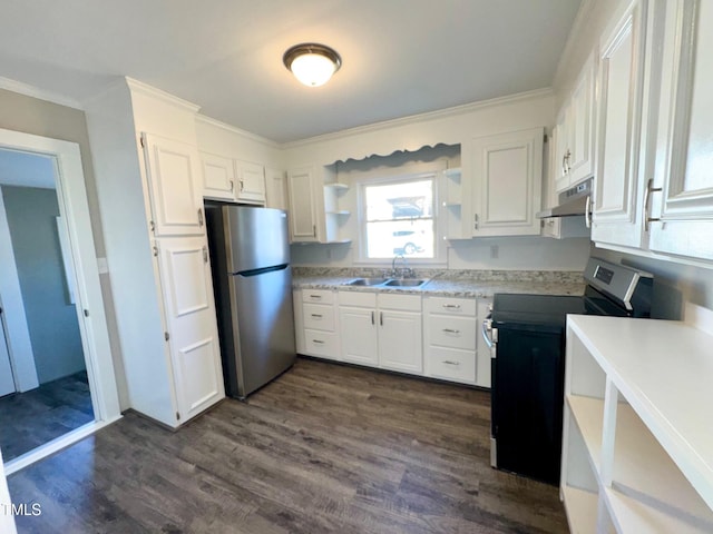 212 Craig Ave, Henderson, NC 27537 - kitchen featuring white cabinets, appliances with stainless steel finishes, light countertops, open shelves, and a sink