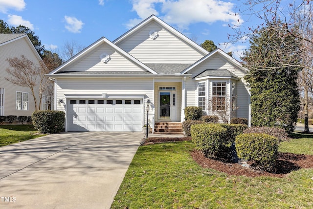 ranch-style home featuring a garage, concrete driveway, and a front lawn