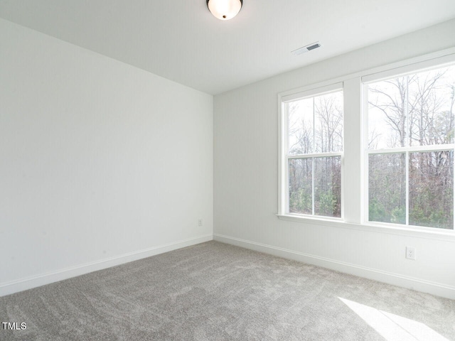 spare room featuring baseboards, visible vents, a wealth of natural light, and light colored carpet