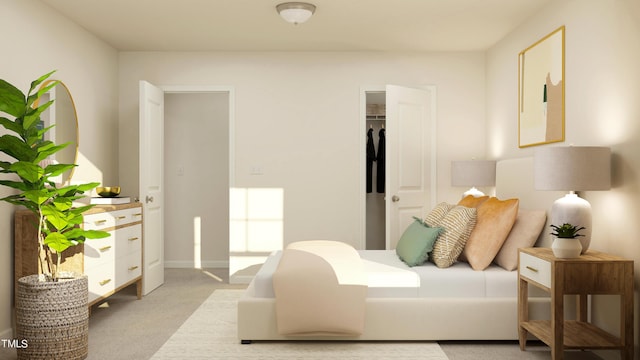 bedroom featuring light colored carpet