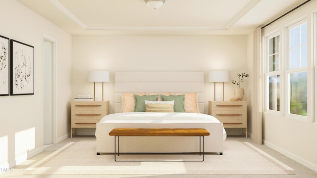 bedroom with crown molding and light colored carpet