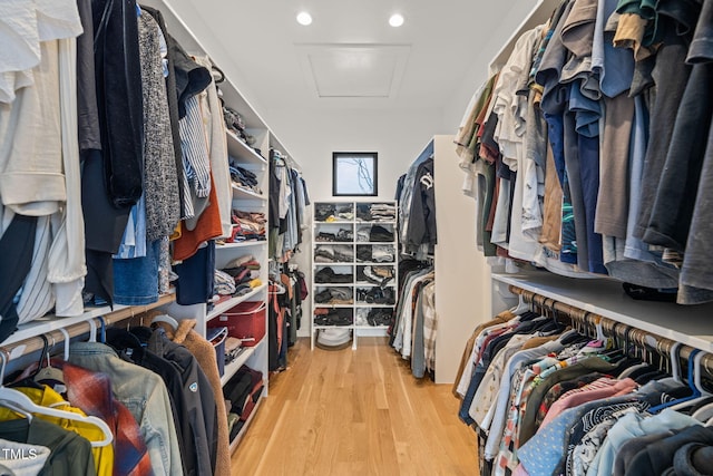 walk in closet featuring wood finished floors and attic access