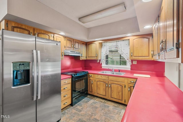 620 Mcghees Mill Rd, Roxboro, NC 27574 - kitchen featuring stainless steel fridge, a sink, black electric range, recessed lighting, and under cabinet range hood