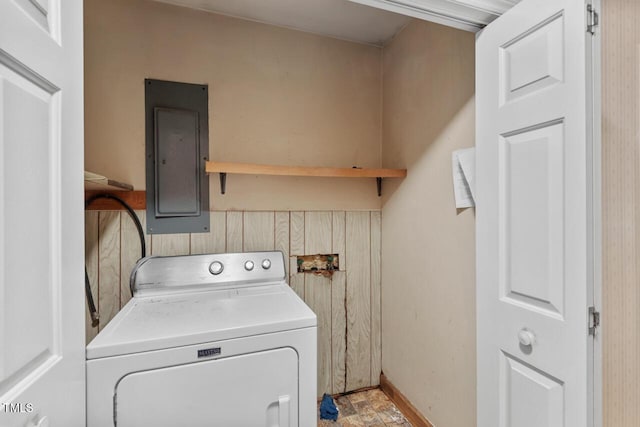 620 Mcghees Mill Rd, Roxboro, NC 27574 - clothes washing area featuring laundry area, washer / dryer, baseboards, and electric panel