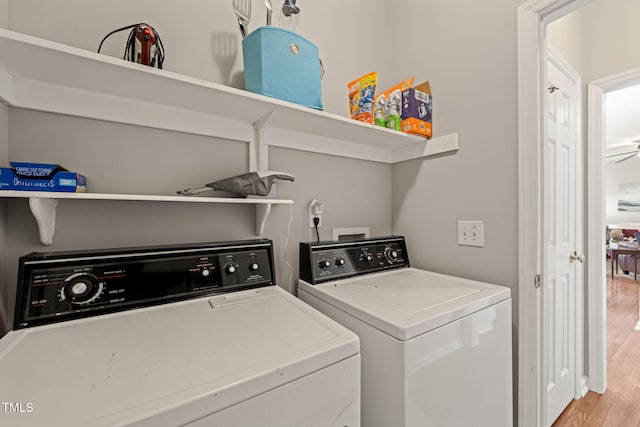 laundry area featuring laundry area, washer and dryer, and wood finished floors