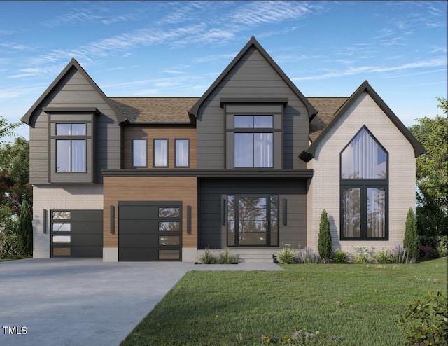 view of front of house with a garage, driveway, roof with shingles, a front yard, and brick siding