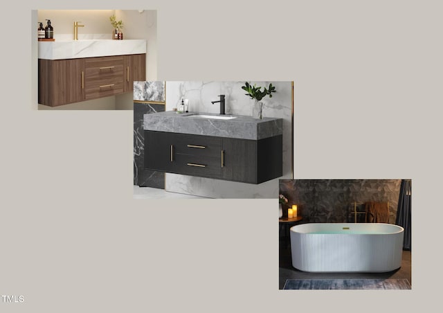 405 Latimer Rd, Raleigh, NC 27609 - full bathroom featuring vanity, a freestanding tub, and tasteful backsplash