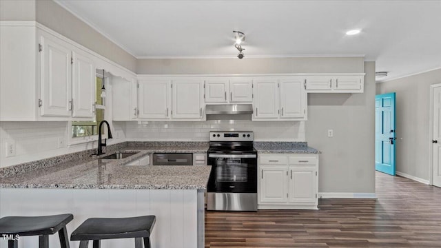 kitchen with under cabinet range hood, a peninsula, white cabinets, stainless steel electric range, and light stone countertops