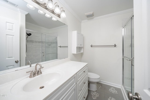 full bathroom with ornamental molding, visible vents, vanity, and baseboards