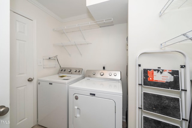 laundry room featuring ornamental molding, laundry area, and separate washer and dryer