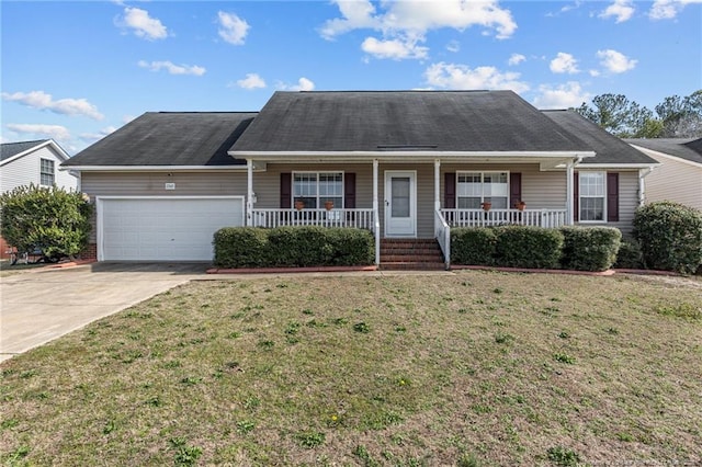 ranch-style home with a front lawn, covered porch, driveway, and a garage