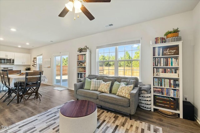 living room with hardwood / wood-style flooring and ceiling fan