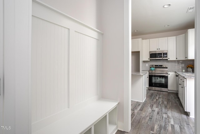 00 Cedar Grove Church Rd, Roxboro, NC 27574 - kitchen with stainless steel appliances, light stone countertops, white cabinets, backsplash, and light wood-type flooring