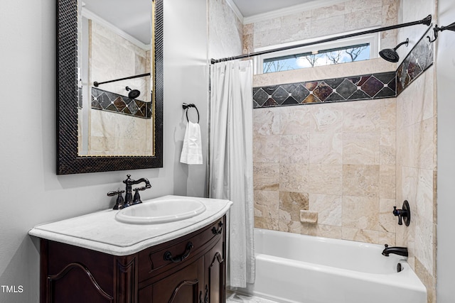 bathroom with ornamental molding, vanity, and shower / bath combination with curtain