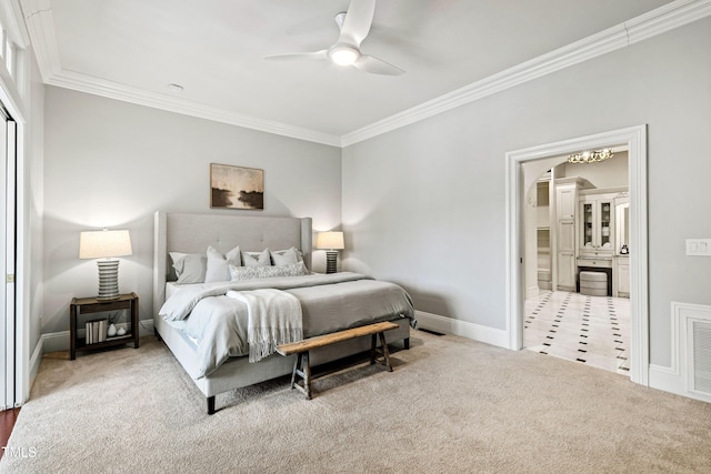 bedroom with visible vents, baseboards, ceiling fan, crown molding, and carpet flooring