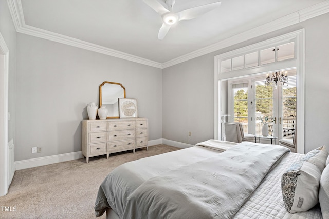 carpeted bedroom featuring crown molding, baseboards, and access to outside