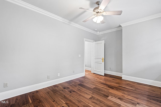 empty room with ornamental molding, a ceiling fan, baseboards, and dark wood-style flooring