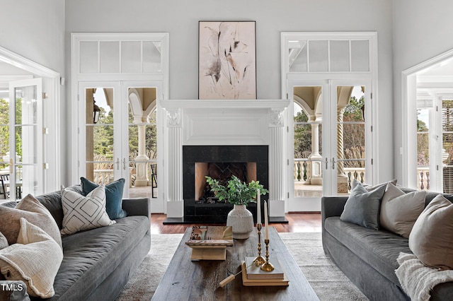 living area with a fireplace with raised hearth, french doors, a healthy amount of sunlight, and wood finished floors