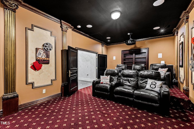 home theater room with dark colored carpet, baseboards, recessed lighting, and crown molding