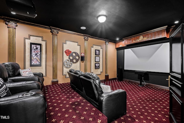 carpeted home theater with crown molding