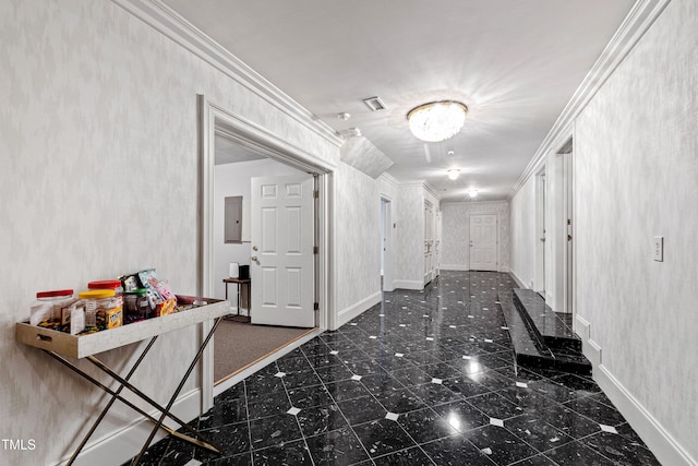 hallway with electric panel, visible vents, crown molding, and baseboards