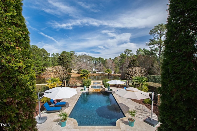 view of pool featuring a patio and a pool with connected hot tub