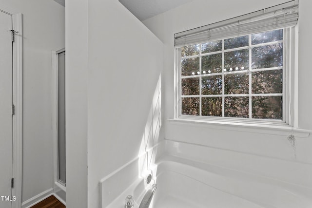 bathroom with a healthy amount of sunlight, a shower with shower door, and a bath