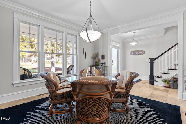 dining room featuring visible vents, stairway, ornamental molding, light tile patterned flooring, and baseboards