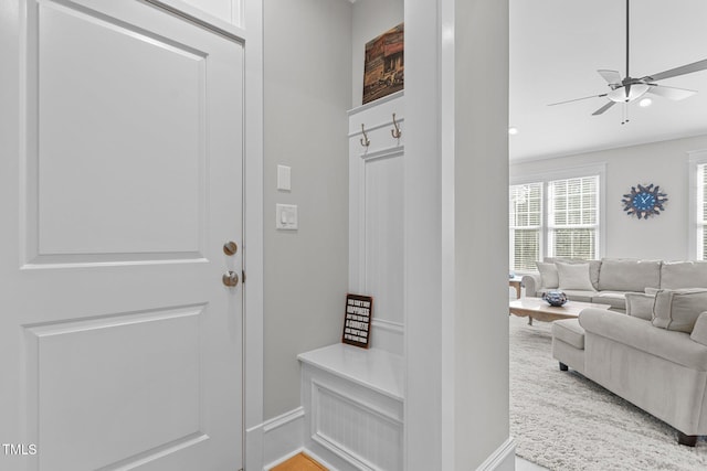 mudroom featuring ceiling fan