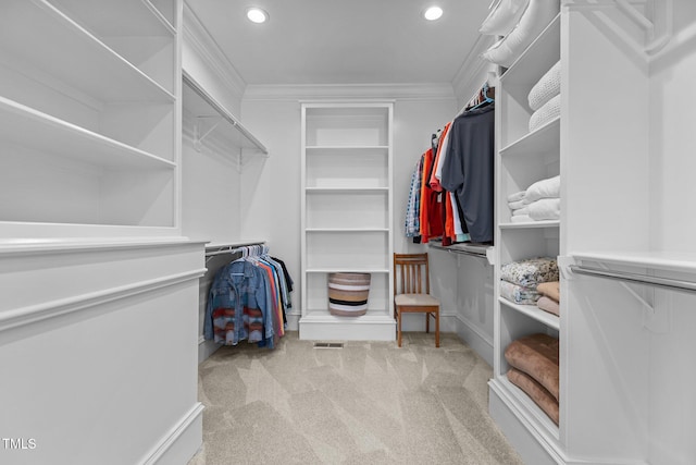 walk in closet with light carpet