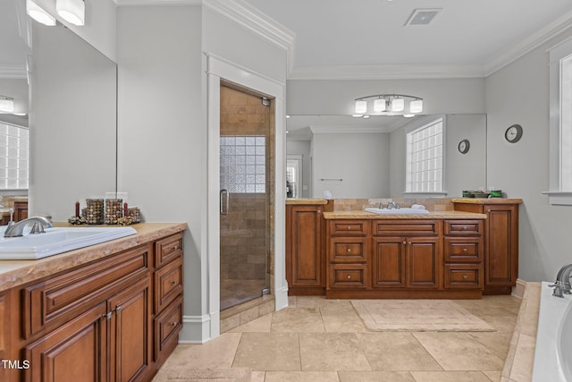 full bath featuring a shower stall, crown molding, two vanities, and a sink