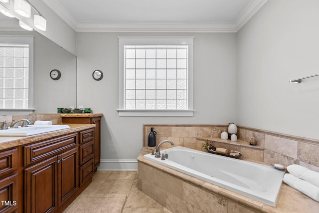 full bathroom with ornamental molding, a garden tub, vanity, and baseboards