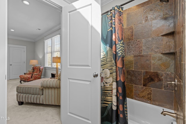 bathroom featuring ornamental molding, shower / tub combo, and recessed lighting