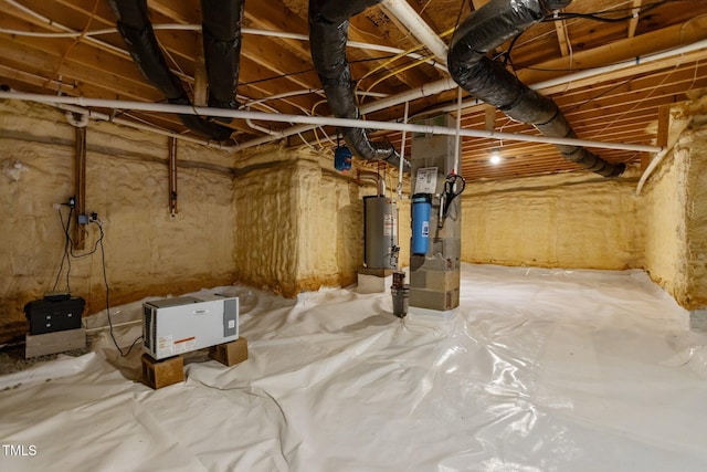 unfinished basement featuring gas water heater