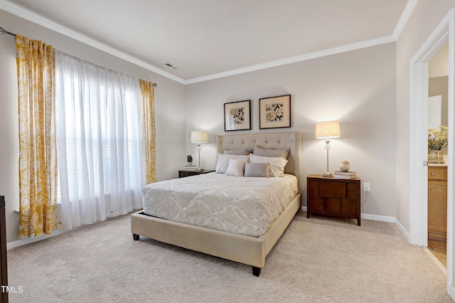 bedroom with visible vents, crown molding, and light colored carpet