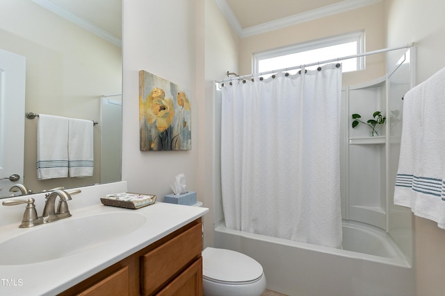 bathroom with toilet, shower / bathtub combination with curtain, crown molding, and vanity