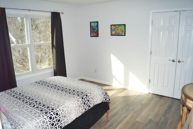 bedroom with a closet, multiple windows, baseboards, and wood finished floors