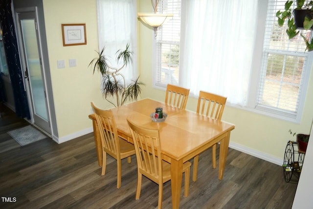 dining space with dark wood-style flooring and baseboards